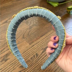 Blue Distressed Denim Padded Headband with Rhinestones